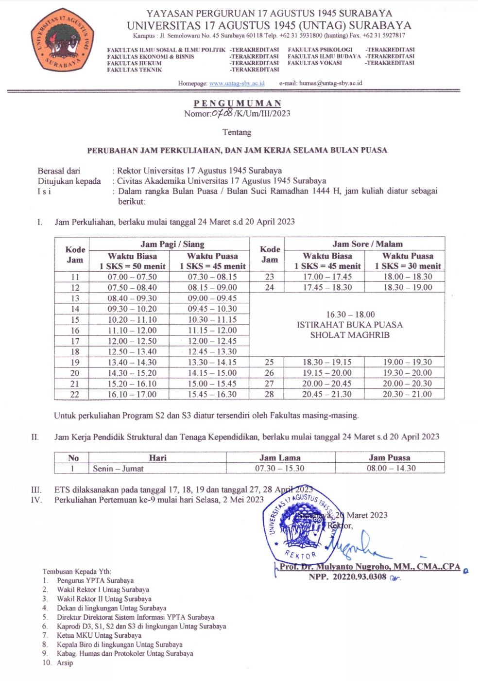 PERUBAHAN JAM KULIAH SELAMA RAMADHAN 