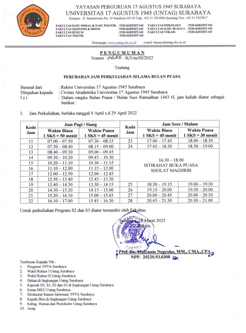 JADWAL PERKULIAHAN SELAMA BULAN PUASA