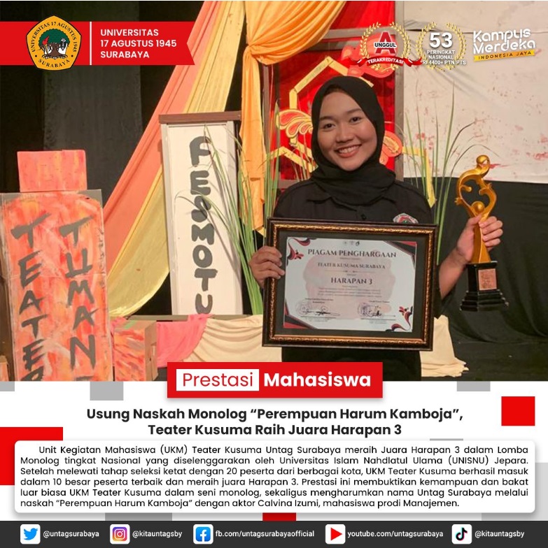 UKM Teater Kusuma dari UNTAG Surabaya Raih Juara Harapan 3 dalam Lomba Monolog Nasional