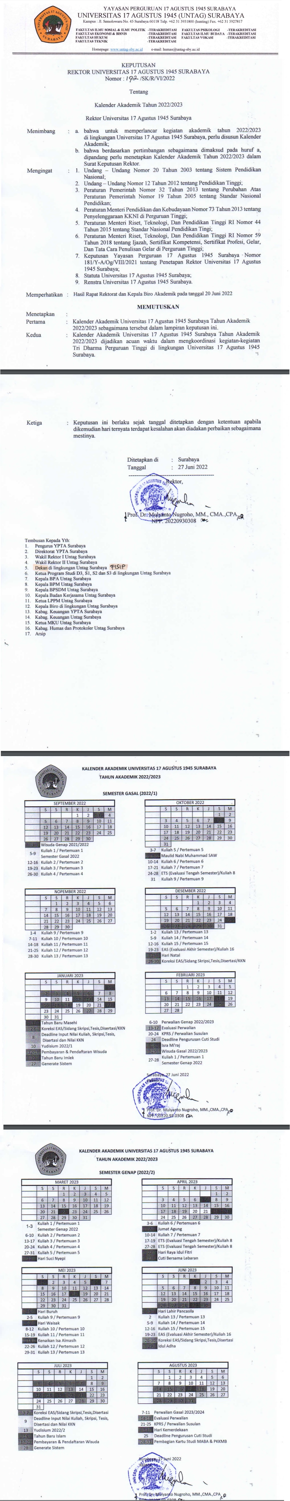 SK Rektor No. 192/SK/R/VI/2022 Tentang Kalender Akademik 2022/2023