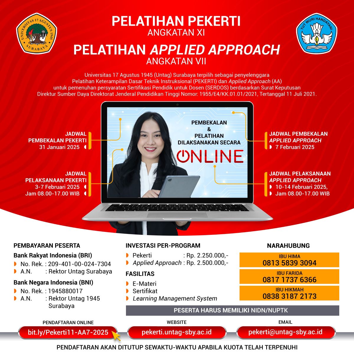 Untag Surabaya Selenggarakan Pelatihan PEKERTI Angkatan XI dan Applied Approach (AA) Angkatan VII Secara Online