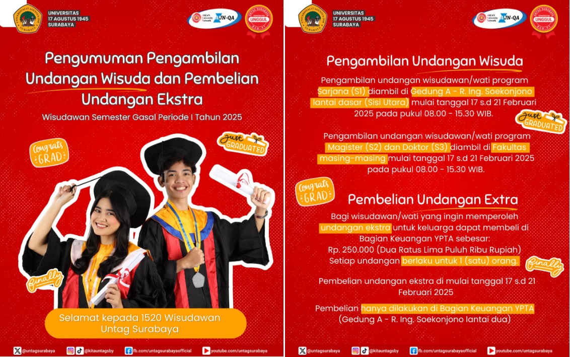 Informasi Pengambilan Undangan dan Pembelian Undangan Extra Wisuda UNTAG Surabaya